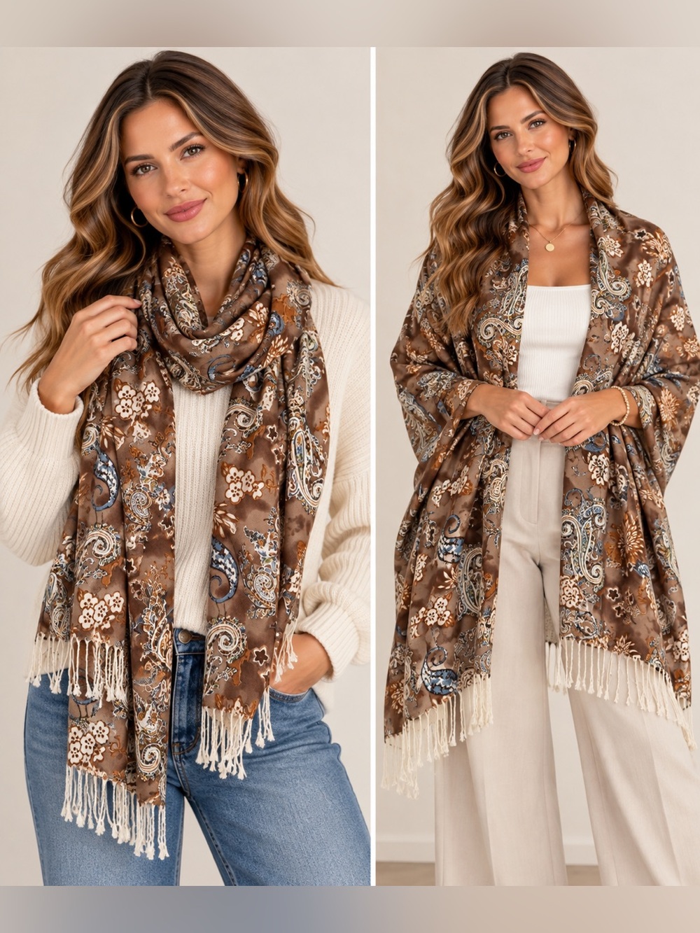 Brown and blue Paisley Fringe pashmina